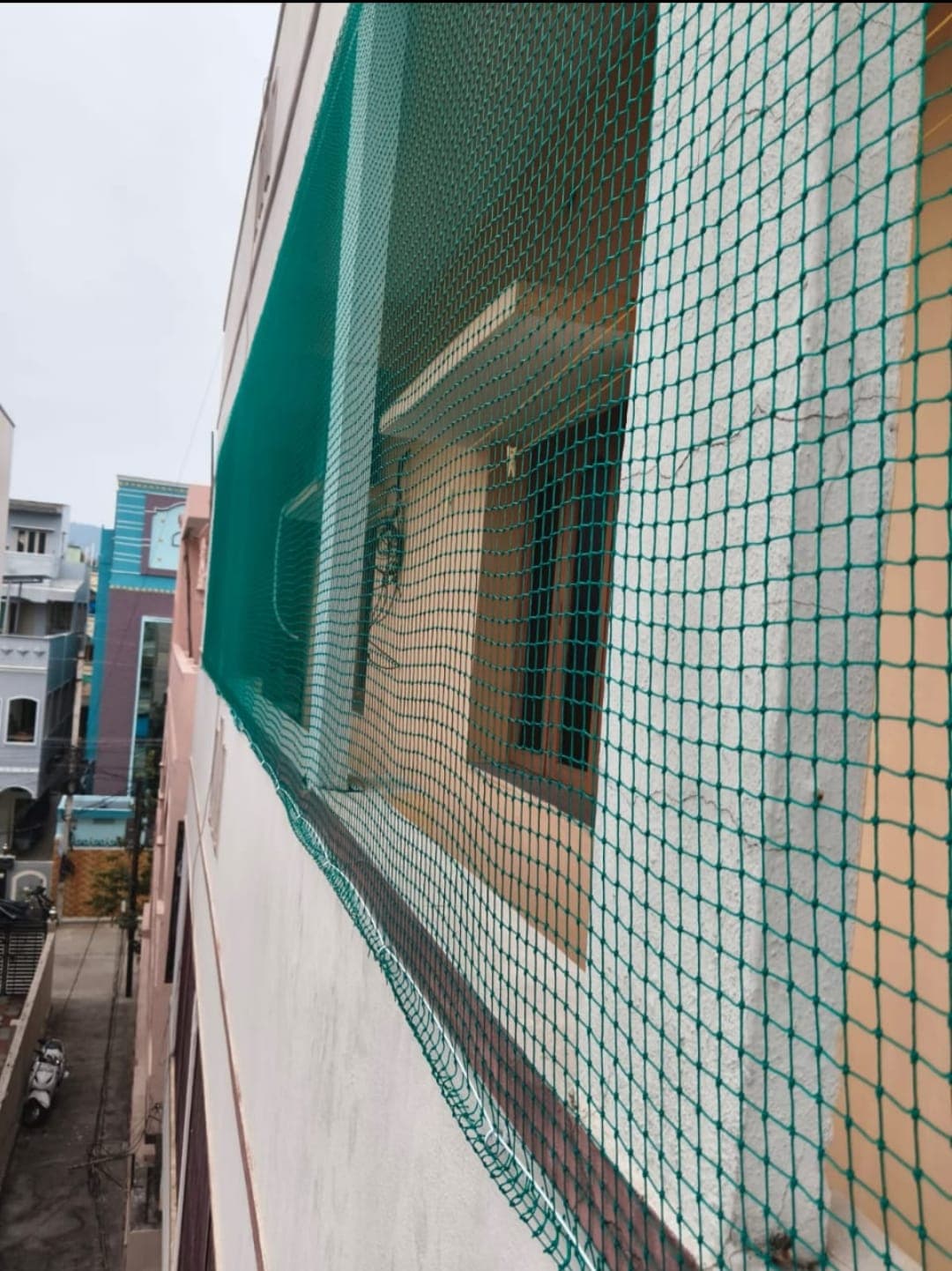 Green facade balcony safety net on apartment building